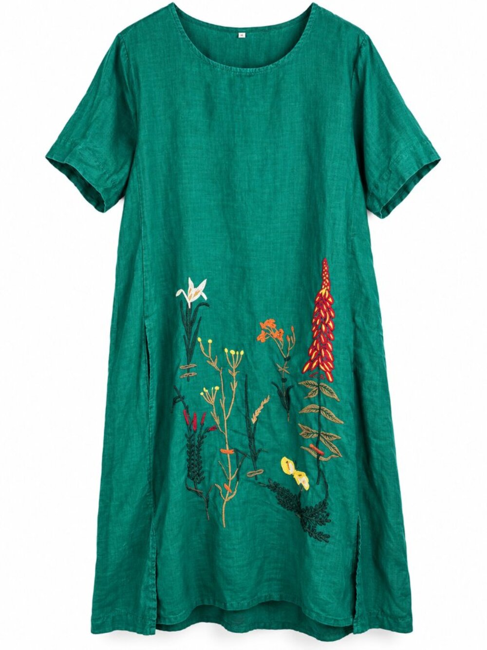 Wildflower Green Linen Embroidered Cotton Lagenlook Boho Cottagecore Comfy Dress